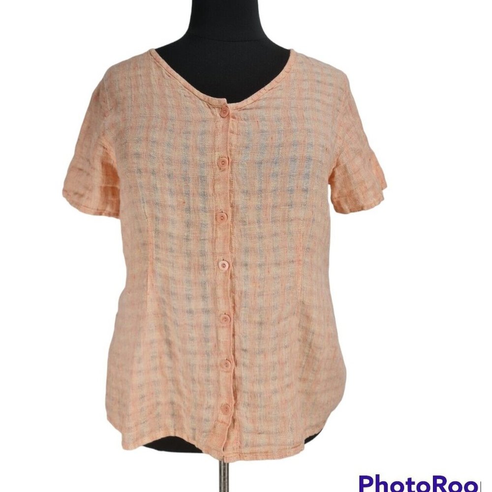 Flax Light Orange Linen Button Up Basic Blouse Wo… - image 1